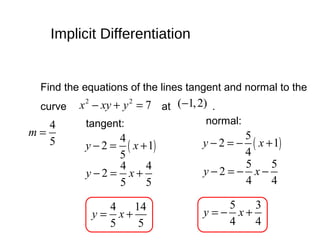 Find the equations of the lines tangent and normal to the
curve at .
2 2
7x xy y− + = ( 1,2)−
4
5
m =
tangent:
( )
4
2 1
5
y x− = +
4 4
2
5 5
y x− = +
4 14
5 5
y x= +
normal:
( )
5
2 1
4
y x− = − +
5 5
2
4 4
y x− = − −
5 3
4 4
y x= − +
Implicit Differentiation
 