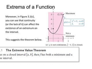 Moreover, in Figure 3.1(c),
you can see that continuity
(or the lack of it) can affect the
existence of an extremum on
the interval.
This suggests the theorem below.
Figure 3.1(c)
Extrema of a Function
 