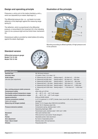 Page 2 of 11 WIKA data sheet PM 07.30 ∙ 07/2016
Design and operating principle
Pressures p1 and p2 act on the media chambers ⊕ and ⊖,
which are separated by an elastic diaphragm (1).
The differential pressure (Δp = p1 - p2) leads to an axial
deflection of the diaphragm against the measuring range
spring (2).
The deflection, which is proportional to the differential
pressure, is transmitted to the movement (5) in the indicating
case (4) via a pressure-tight and low friction lever mechanism
(3).
Overpressure safety is provided by metal bolsters (6) resting
against the elastic diaphragm.
Illustration of the principle
Mounting according to affixed symbols, ⊕ high pressure and
⊖ low pressure
5
4
3
1
6
2
⊕⊖
Specifications
Nominal size NS 160 (level indicator)
Accuracy class 2.5 (option: Class 1.6 or class 1.0)
Scale ranges
(see also span adjustment)
■■ Measuring cell 140 mbar:	 Setting range 0 … 40 mbar to 0 … 140 mbar
■■ Measuring cell 280 mbar:	 Setting range 0 … 80 mbar to 0 … 280 mbar
■■ Measuring cell 560 mbar:	 Setting range 0 … 160 mbar to 0 … 560 mbar
■■ Measuring cell 1,130 mbar:	 Setting range 0 … 320 mbar to 0 … 1,130 mbar
■■ Measuring cell 2,300 mbar:	 Setting range 0 … 650 mbar to 0 … 2,300 mbar
■■ Measuring cell 4,000 mbar:	 Setting range 0 … 1,150 mbar to 0 … 4,000 mbar
Max. working pressure (static pressure) 50 bar
Overpressure safety either side up to 50 bar
Permissible ambient temperature ranges -40 … +80 °C, -40 … +60 °C with oxygen
Permissible medium temperature ranges -40 … +80 °C, -40 … +60 °C with oxygen
Ingress protection IP65 per EN/IEC 60529
Process connections (wetted)
Option with adapter
2 x G 1/4 (optional: 2 x 1/4 NPT), female, lower mount (LM), centre distance 37 mm
see page 5
Measuring cell flanges (wetted) Model 712.15: Copper alloy CW614N (CuZn39Pb3)
Model 732.15: Stainless steel 316L
Pressure elements (wetted) Compression spring, stainless steel 1.4310
Separating diaphragm, NBR
Transmission parts, stainless steel 1.4301 and 1.4305
Movement Wear parts stainless steel
Dial White aluminium (see section “Scale designs”)
Pointer Adjustable pointer, black aluminium
Zero adjustment By means of adjustable pointer
Case / slip-on bezel Stainless steel, with clip fasteners
Window Polycarbonate (PC)
Standard version
Differential pressure gauge
Model 712.15.160
Model 732.15.160
 