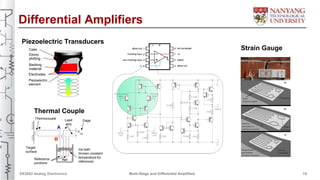 Differential Amplifiers
Piezoelectric Transducers
Strain GaugeCase
Epoxy
plotting
Backing
material
Electrodes
Piezoelectric
element
Thermal Couple
Thermocouple Lead
wire
Gage
A+
Vout
B
Target
surface
Ice bath
(known constant
temperature for
reference)
Reference
junctions
Ref.
EE2002 Analog Electronics Multi-Stage and Differential Amplifiers 15
 