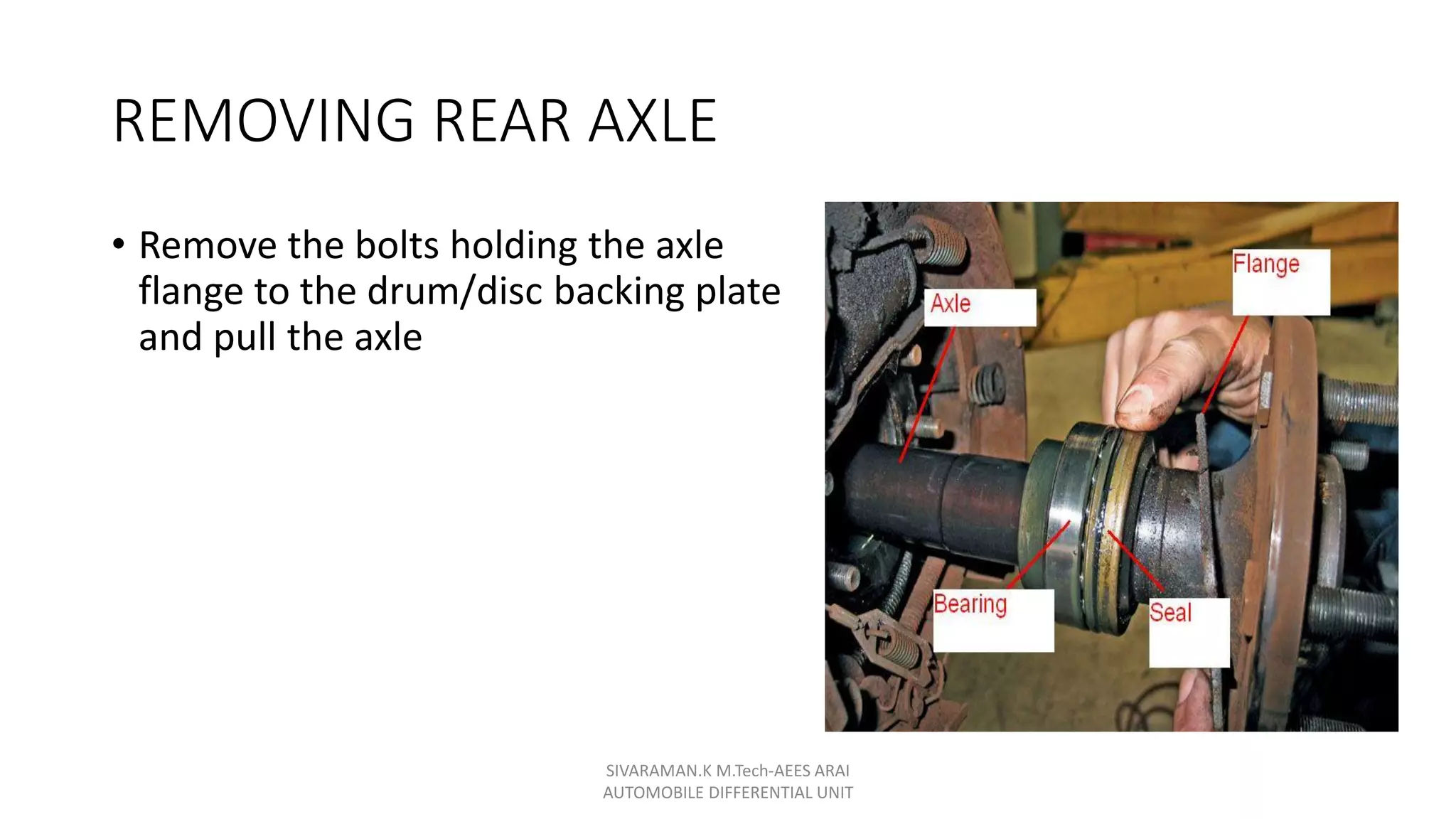 REMOVING REAR AXLE
• Remove the bolts holding the axle
flange to the drum/disc backing plate
and pull the axle
SIVARAMAN.K M.Tech-AEES ARAI
AUTOMOBILE DIFFERENTIAL UNIT
 