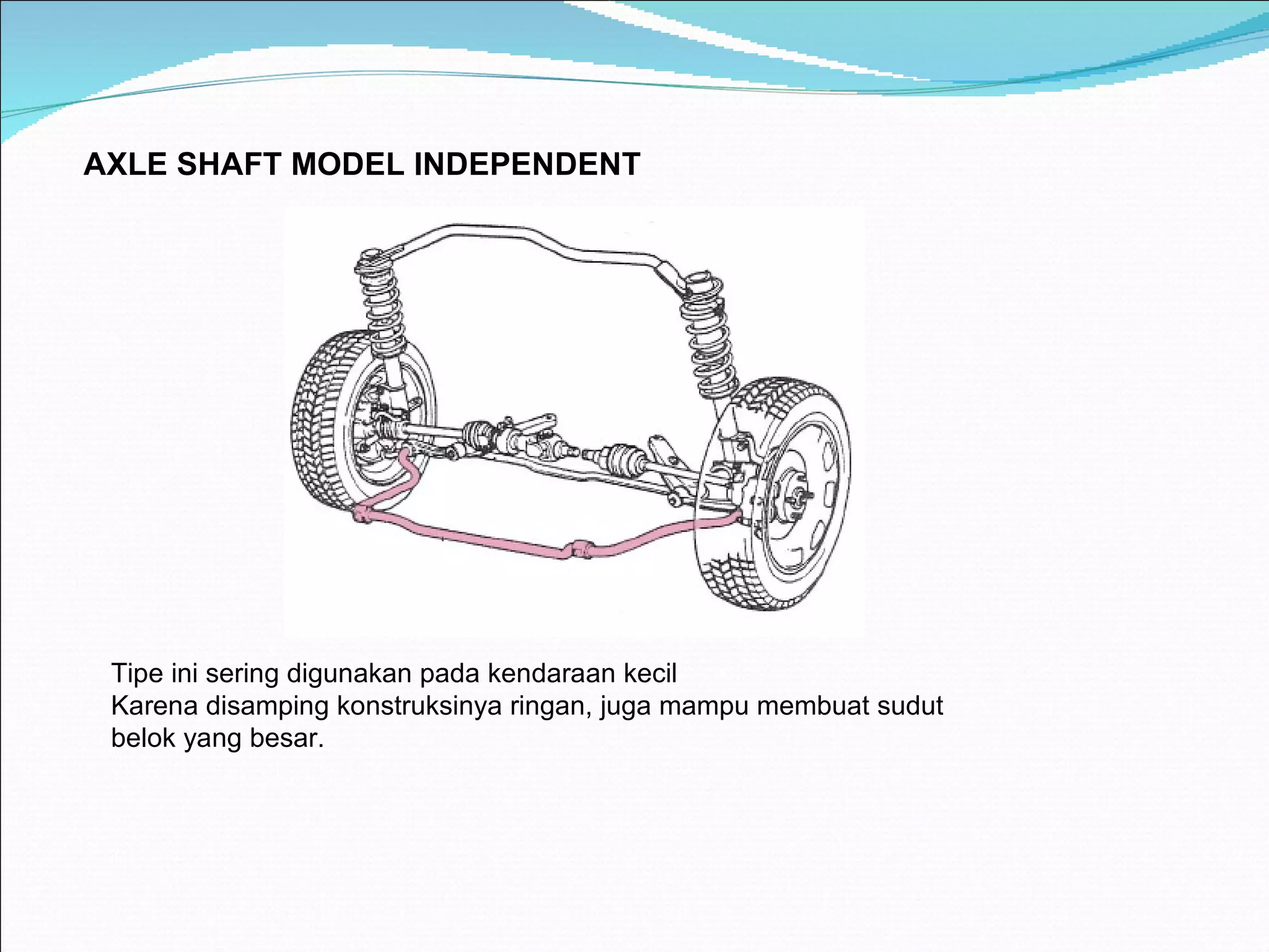 A XLE SHAFT MODEL INDEPENDENT Tipe ini sering digunakan pada kendaraan kecil Karena disamping konstruksinya ringan, juga mampu membuat sudut belok yang besar. 