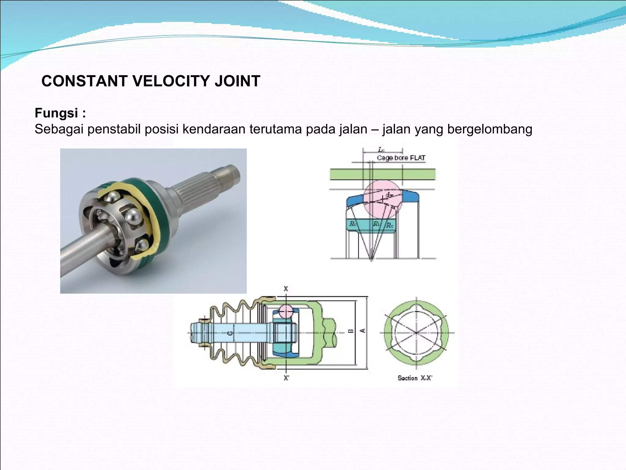 C ONSTANT VELOCITY JOINT Fungsi : Sebagai penstabil posisi kendaraan terutama pada jalan – jalan yang bergelombang 