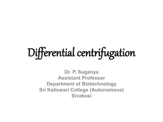 Differential centrifugation
Dr. P. Suganya
Assistant Professor
Department of Biotechnology
Sri Kaliswari College (Autonomous)
Sivakasi
 