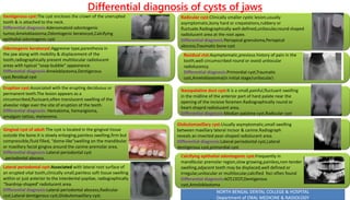 Differential diagnosis of cysts of jaws
Odontogenic keratocyst:Aggresive type,paresthesia in
the jaw along with mobility & displacement of the
tooth,radiographically present multilocular radiolucent
areas with typical “soap-bubble” appearance.
Differential diagnosis:Ameloblastoma,Dentigerous
cyst,Residual cyst
Eruption cyst:Associated with the erupting deciduous or
permanent teeth.The lesion appears as a
circumscribed,fluctuant,often translucent swelling of the
alveolar ridge over the site of eruption of the teeth.
Differential diagnosis: Hematoma, hemangioma,
amalgam tattoo, melanoma.
Gingival cyst of adult:The cyst is located in the gingival tissue
outside the bone.It is slowly enlarging,painless swelling,firm but
compressible,fluid filled, “dome-like”swelling on the mandibular
or maxillary facial gingiva around the canine-premolar area.
Differential diagnosis:Lateral periodontal cyst
, periodontal abscess.
Lateral periodontal cyst:Associated with lateral root surface of
an erupted vital tooth,clinically small,painless soft tissue swelling
within or just anterior to the interdental papilae, radiographically
‘Teardrop-shaped’ radiolucent area.
Differential diagnosis:Lateral periodontal abscess,Radicular
cyst,Lateral dentigerous cyst,Globulomaxillary cyst.
Radicular cyst:Clinically smaller cystic lesion,usually
asymptomatic,bony hard or crepatations,rubbery or
fluctuate.Radiographically well-defined,unilocular,round shaped
radiolucent area at the root apex.
Differential diagnosis:Periapical granuloma,Periapical
abscess,Traumatic bone cyst
Nasopalatine duct cyst:It is a small,painful,fluctuant swelling
in the midline of the anterior part of hard palate near the
opening of the incisive foramen.Radiographically round or
heart-shaprd radiolucent area.
Differential diagnosis:Median palatine cyst,Radicular cyst
Residual ctst:Asymptomatic,previous history of pain in the
tooth,well circumscribed round or ovoid unilocular
radiolucency.
Differential diagnosis:Primordial cyst,Traumatic
cyst,Ameloblastoma(in initial stage/unilocular)
Calcifying epithelial odontogenic cyst:Frequently in
mandibular premolar region,slow growing,painless,non-tender
swelling,adjacent teeth may be displaced,well defined or
irregular,unilocular or multilocular,calcified foci often found
Differential diagnosis:AOT,CEOT,Dentigerous
cyst,Ameloblastoma
Dentigerous cyst:The cyst encloses the crown of the unerupted
tooth & is attached to the neck.
Differential diagnosis:Adenomatoid odontogenic
tumor,Ameloblastoma,Odontogenic keratocyst,Calcifying
epithelial odontogenic cyst
Globulomaxillary cyst:Usually asymptomatic,small swelling
between maxillary lateral incisor & canine.Radiograph
reveals an inverted pear-shaped radiolucent area.
Differential diagnosis:Lateral periodontal cyst,Lateral
dentigerous cyst,primordial cyst
NORTH BENGAL DENTAL COLLEGE & HOSPITAL
Department of ORAL MEDICINE & RADIOLOGY
 