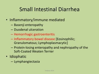 Small Intestinal Diarrhea
• Inflammatory/immune mediated
–
–
–
–

Basenji enteropathy
Duodenal ulceration
Hemorrhagic gastroenteritis
Inflammatory bowel disease [Eosinophilic;
Granulomatous; Lymphoplasmacytic]
– Protein-losing enteropathy and nephropathy of the
Soft-Coated Weaten Terrier

• Idiophatic
– Lymphangiectasia
triakoso 2014

 