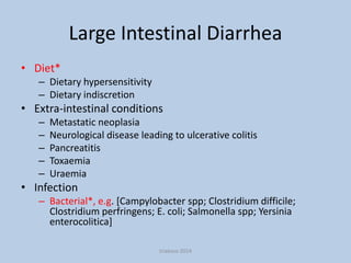 Large Intestinal Diarrhea
• Diet*
– Dietary hypersensitivity
– Dietary indiscretion

• Extra-intestinal conditions
–
–
–
–
–

Metastatic neoplasia
Neurological disease leading to ulcerative colitis
Pancreatitis
Toxaemia
Uraemia

• Infection
– Bacterial*, e.g. [Campylobacter spp; Clostridium difficile;
Clostridium perfringens; E. coli; Salmonella spp; Yersinia
enterocolitica]
triakoso 2014

 