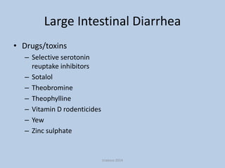 Large Intestinal Diarrhea
• Drugs/toxins
– Selective serotonin
reuptake inhibitors
– Sotalol
– Theobromine
– Theophylline
– Vitamin D rodenticides
– Yew
– Zinc sulphate

triakoso 2014

 