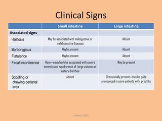 Clinical Signs
Small intestine

Large intestine

May be associated with maldigestive or
malabsorptive diseases

Absent

Borborygmus

Maybe present

Absent

Flatulence

Maybe present

Absent

Fecal incontinence

Rare—would only be associated with severe
enteritis and rapid transit of large volumes of
watery diarrhea

May be present

Scooting or
chewing perianal
area

Absent

Occasionally present—may be quite
pronounced in some patients with proctitis

Associated signs
Halitosis

triakoso 2014

 
