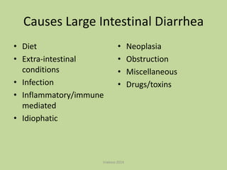 Causes Large Intestinal Diarrhea
• Diet
• Extra-intestinal
conditions
• Infection
• Inflammatory/immune
mediated
• Idiophatic

•
•
•
•

triakoso 2014

Neoplasia
Obstruction
Miscellaneous
Drugs/toxins

 