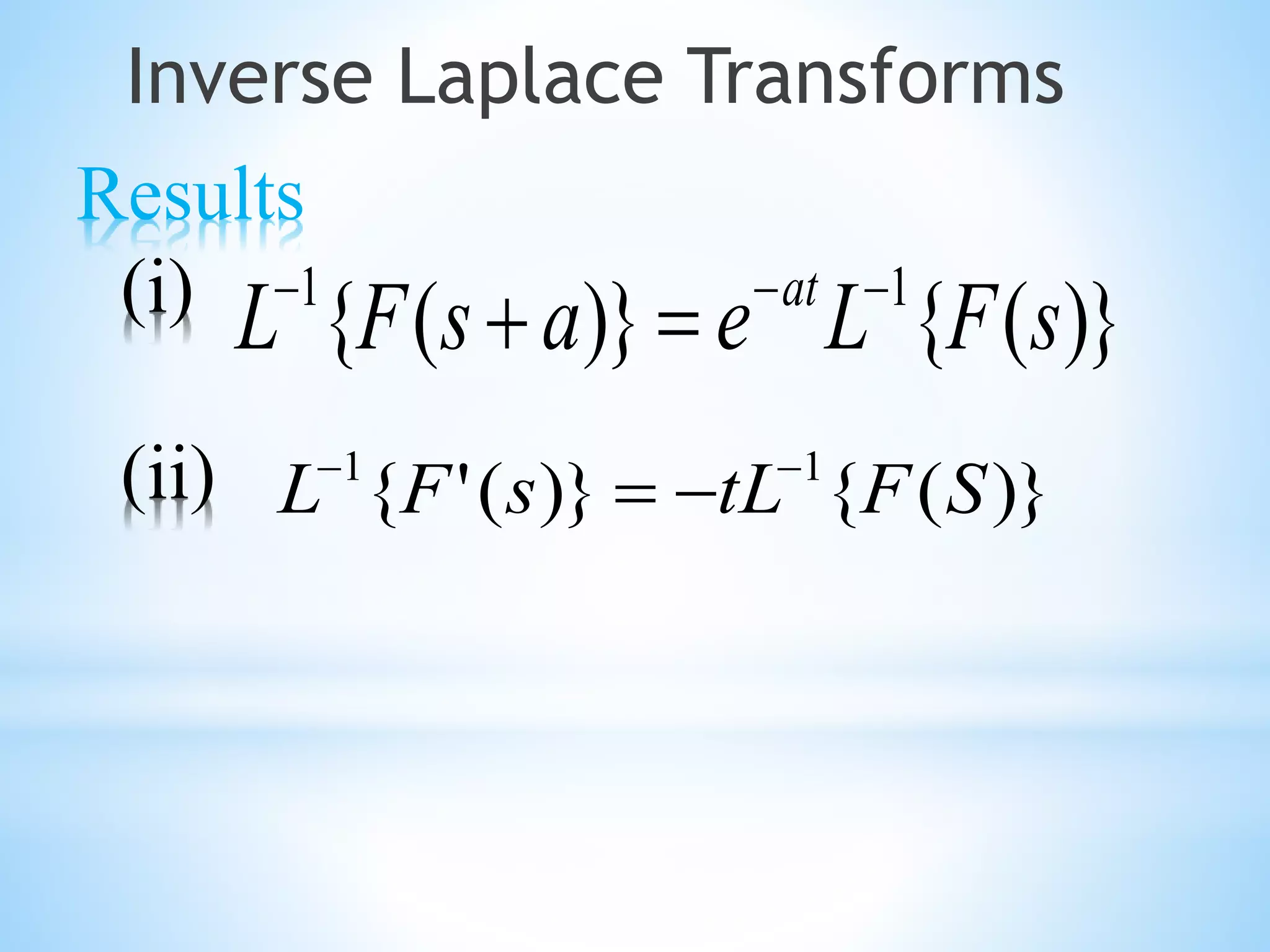 Results
(i)
(ii)
Inverse Laplace Transforms
)}({)}({ 11
sFLeasFL at 

)}({)}('{ 11
SFtLsFL 

 