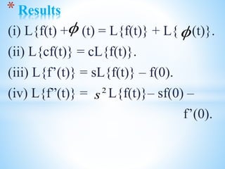 (i) L{f(t) + (t) = L{f(t)} + L{ (t)}.
(ii) L{cf(t)} = cL{f(t)}.
(iii) L{f’(t)} = sL{f(t)} – f(0).
(iv) L{f”(t)} = L{f(t)}– sf(0) –
f’(0).
* Results
 
2
s
 