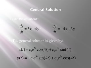  The general solution is given by:
General Solution
)4sin()4cos()( 3
2
3
1 tectectx tt
+=
)4cos()4sin()( 3
2
3
1 tectecty tt
+−=
yx
dt
dx
43 += yx
dt
dy
34 +−=
Given the equations:
 