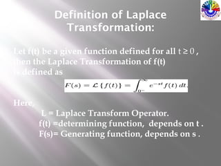 Definition of Laplace
Transformation:
Let f(t) be a given function defined for all t ≥ 0 ,
then the Laplace Transformation of f(t)
is defined as
Here,
L = Laplace Transform Operator.
f(t) =determining function, depends on t .
F(s)= Generating function, depends on s .
 