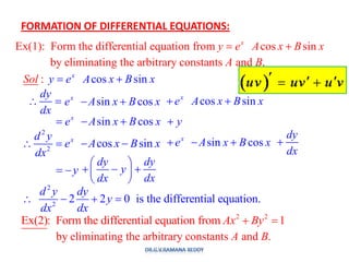 Ex(1): Form the differential equation from cos sinx
y e A x B x
FORMATION OF DIFFERENTIAL EQUATIONS:
by eliminating the arbitrary constants and .A B
co n: s six
S y e A x Bol x
dy
dx
cos sinx
e A x B x
sin cosx
e A x B x y
2
2
cos sinxd y
e A x B x
dx
sin cosx
e A x B x
dy
dx
y
dy
dx
dy
y
dx
2
2
2 2 0 is the differential equation.
d y dy
y
dx dx
2 2
Ex(2): Form the differential equation from 1Ax By
by eliminating the arbitrary constants and .A B
sin cosx
e A x B x
 