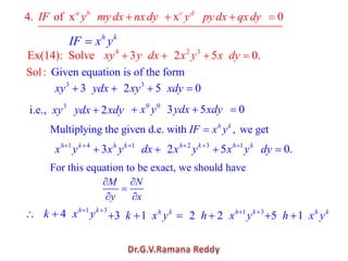 4. of x x 0a b c d
IF y my dx nxdy y py dx qxdy
h k
IF x y
4 2 3
Ex(14): Solve 3 2 5 0.xy y dx x y x dy
Given equation is of theSol: form
3
3xy ydx
Multiplying the given d.e. with , we geth k
IF x y
1 4 1
3h k h k
x y x y dx 2 3 1
2 5 0.h k h k
x y x y dy
For this equation to be exact, we should have
M N
y x
1 3
4 h k
k x y 3 1 h k
k x y 1 3
2 2 h k
h x y 5 1 h k
h x y
3
2 5 0xy xdy
3
i.e., 2xy ydx xdy 0 0
3 5 0x y ydx xdy
 