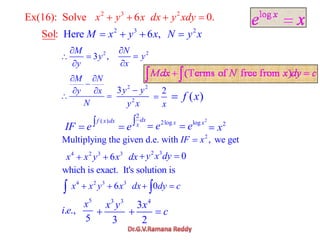 2 3 2
Ex(16): Solve 6 0.x y x dx y xdy
2 3 2
Here 6 ,Sol: M x y x N y x
2
3 ,
M
y
y
2N
y
x
M N
y x
N
2 2
2
3y y
y x
2
x
( )f x
( )f x dx
IF e
2
dx
x
e
2log x
e
2
log x
e 2
x
2
Multiplying the given d.e. with , we getIF x
4 2 3 3
6x x y x dx
2 3
0y x dy
which is exact. It's solution is
4 2 3 3
6x x y x dx 0dy c
5
. .,
5
x
i e
3 3
3
x y 4
3
2
x
c
 