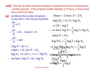Dr.G.V.Ramana Reddy
Ex(3): The rate at which bacteria multiply is proportional to the instantaneous
number present. If the original number doubles in 2 hours, in how many
hours will it be triple.
dN
N
dt
, where 0.
dN
kN k
dt
dN
kdt
N
log N kt c
0when 0, Let .t N N
0log 0N k c 0logc N
0we have log logN kt N
Sol: Let N(t) be the number of bacteria
at any time t. Then by law of growth,
0when 2 , 2t hour N N
2 log 2k
we have log N
0 0log2 2 logN k N
0log 2 log
2
N
t
0when 3N N
0 0log3 log 2 log
2
t
N N
2log3
log2
t
∴ The value will be triple within
2log3
hours.
log2
0 0log3 log log 2
2
t
N N
0
0
3
log log 2
2
N t
N
log3 log 2
2
t
 
