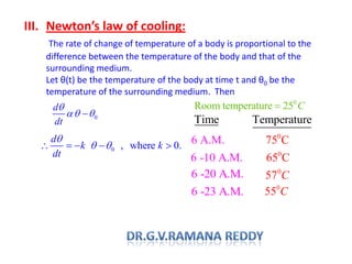 III. Newton’s law of cooling:
The rate of change of temperature of a body is proportional to the
difference between the temperature of the body and that of the
surrounding medium.
Let θ(t) be the temperature of the body at time t and θ0 be the
temperature of the surrounding medium. Then
0
d
dt
0 , where 0.
d
k k
dt
0
Room temperature 25 C
Time Temperature
0
6 A.M. 75 C
0
6 -10 .M. 65A C
6 -20 A.M. 0
57 C
6 -23 A.M. 0
55 C
 