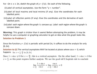 For −2π ≤ x ≤ 2π, sketch the graph of y = f (x). Do each of the following.
(i)Label all vertical asymptotes. Use the form “y = number”.
(ii)Label all local maxima and local minima (if any). Give the coordinates for each
labelled point.
(iii)Label all inﬂection points (if any). Give the coordinates and the derivative of each
labelled point.
(iv)Label each region where the graph is concave up. Label each region where the graph is
concave down.
Warning: This graph is trickier than it seems! Before attempting the problem, it may be
helpful to use a computer or graphing calculator to get an idea what the graph looks like.
Solution to Problem 1
Since the function y = f (x) is periodic with period 2π, it suﬃces to do the analysis for only
[0, 2π].
Solution to (i) The vertical asymptotes MAY be located at places where cos x = 0, which
happens
mathsassignmenthelp.com
 