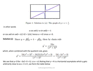 in other words
a cos ax0.(−a sin ax0) = −1
or cos ax0 sin ax0 = ±1/ √2 = 1/a2, hence a = √2 since a > 0.
Solution (c)
which, when combined with the quotient rule, gives
We see that y= 0 for −3x2 +3 = 0, i.e x = ±1.Noting that y = 4 is a horizontal asymptote which y gets
arbitrarily close to as x → ±∞, we form the table below
mathsassignmenthelp.com
 