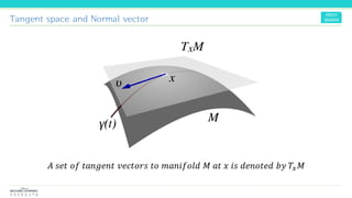 Tangent space and Normal vector
𝐴 𝑠𝑒𝑡 𝑜𝑓 𝑡𝑎𝑛𝑔𝑒𝑛𝑡 𝑣𝑒𝑐𝑡𝑜𝑟𝑠 𝑡𝑜 𝑚𝑎𝑛𝑖𝑓𝑜𝑙𝑑 𝑀 𝑎𝑡 𝑥 𝑖𝑠 𝑑𝑒𝑛𝑜𝑡𝑒𝑑 𝑏𝑦 𝑇𝑥 𝑀
 
