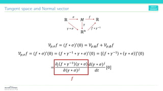 Tangent space and Normal vector
ℝ 𝑀 ℝ
ℝ 𝑛
𝜎 𝑓
𝛾 ∗ 𝜎 𝑓 ∗ 𝛾−1
𝛾
𝒱𝑝,𝜎 𝑓 = (𝑓 ∗ 𝜎)′(0) = 𝒱𝑝,ψ 𝑓 + 𝒱𝑝,𝜙 𝑓
𝒱𝑝,𝜎 𝑓 = (𝑓 ∗ 𝜎)′(0) = (𝑓 ∗ 𝛾−1 ∗ 𝛾 ∗ 𝜎)′(0) = { 𝑓 ∗ 𝛾−1 ∗ 𝛾 ∗ 𝜎 }′(0)
=
𝜕𝑗 𝑓 ∗ 𝛾−1 𝛾 ∗ 𝜎
𝜕(𝛾 ∗ 𝜎) 𝑗
𝑑(𝛾 ∗ 𝜎) 𝑗
𝑑𝑡
[0]
𝑓
 