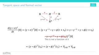Tangent space and Normal vector
ℝ 𝑀 ℝ
ℝ 𝑛
𝜎 𝑓
𝛾 ∗ 𝜎 𝑓 ∗ 𝛾−1
𝛾
𝑑(𝛾 ∗ 𝜎) 𝑗
𝑑𝑡
[0] = (𝛾 ∗ 𝜎) 𝑗′
0 = {𝛾 ∗ 𝛾−1 ∗ 𝛾 ∗ 𝜓 𝑡 + 𝑡0 + 𝛾 ∗ 𝛾−1 ∗ 𝛾 ∗ 𝜙 𝑡 + 𝑡0
−𝛾 ∗ 𝛾−1 ∗ 𝛾 ∗ 𝜓 𝑡0 } 𝑗′
0
= (𝛾 ∗ 𝜓) 𝑗′
𝑡0 + (𝛾 ∗ 𝜙) 𝑗′
𝑡1 = 𝒱𝑝,ψ + 𝒱𝑝,𝜙
This is not a function of 𝑡
 