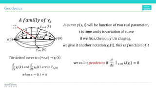 Geodesics
𝐴 𝑐𝑢𝑟𝑣𝑒 𝛾 s,t will be function of two real parameter,
t is time and s is variation of curve
if we fix s,then only t is chaging,
we give it another notation 𝛾𝑠 t , 𝑡ℎ𝑖𝑠 𝑖𝑠 𝑓𝑢𝑛𝑐𝑡𝑖𝑜𝑛 𝑜𝑓 𝑡
we call it 𝑔𝑒𝑜𝑑𝑒𝑠𝑖𝑐𝑠 if
𝑑
𝑑𝑠
ㅣ 𝑠=0 𝐿 𝛾𝑠 = 0
𝐴 𝑓𝑎𝑚𝑖𝑙𝑙𝑦 𝑜𝑓 𝛾𝑠
𝛾(𝑎) 𝛾(𝑏)
𝛾𝑠=𝑐(𝑘)
𝛾𝑠=𝑑(𝑘)
𝛾0(𝑘)
𝑇ℎ𝑒 𝑑𝑜𝑡𝑡𝑒𝑑 𝑐𝑢𝑟𝑣𝑒 𝑖𝑠 𝑠(−𝜀, 𝜀) → 𝛾𝑠 𝑡
𝑑
𝑑𝑠
𝛾𝑠 𝑘 𝑎𝑛𝑑
𝑑
𝑑𝑡
𝛾0 𝑡 𝑎𝑟𝑒 𝑖𝑛 𝑇𝛾 𝑠 𝑡
𝑤ℎ𝑒𝑛 𝑠 = 0, 𝑡 = 𝑘
𝑠 = 0
𝑡 = 𝑘
 
