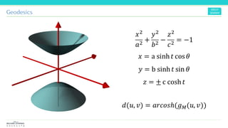 Geodesics
𝑥2
𝑎2
+
𝑦2
𝑏2
−
𝑧2
𝑐2
= −1
𝑥 = a sinh 𝑡 cos 𝜃
𝑦 = b sinh 𝑡 sin 𝜃
𝑧 = ± c cosh 𝑡
𝑑(𝑢, 𝑣) = 𝑎𝑟𝑐𝑜𝑠ℎ(𝑔 𝑀(𝑢, 𝑣))
 