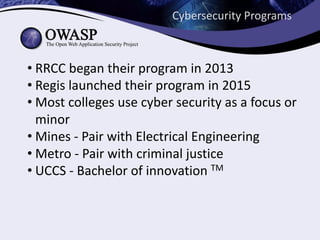 Cybersecurity	Programs
• RRCC	began	their	program	in	2013
• Regis	launched	their	program	in	2015
• Most	colleges	use	cyber	security	as	a	focus	or	
minor
• Mines	- Pair	with	Electrical	Engineering
• Metro	- Pair	with	criminal	justice
• UCCS	- Bachelor	of	innovation	TM
 
