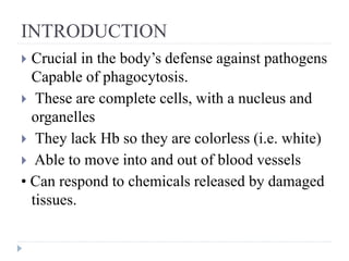 INTRODUCTION
 Crucial in the body’s defense against pathogens
Capable of phagocytosis.
 These are complete cells, with a nucleus and
organelles
 They lack Hb so they are colorless (i.e. white)
 Able to move into and out of blood vessels
• Can respond to chemicals released by damaged
tissues.
 