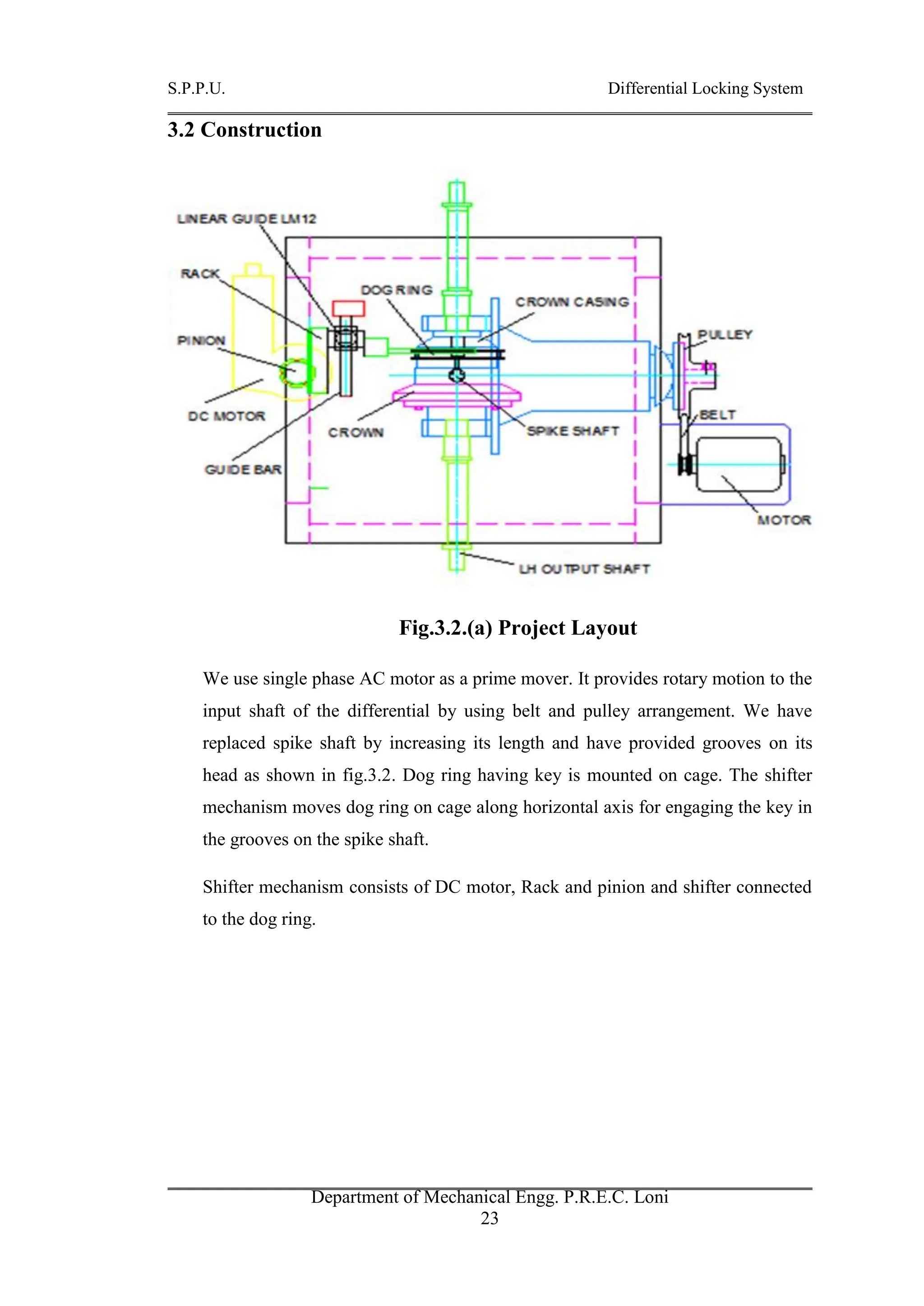 S.P.P.U. Differential Locking System
Department of Mechanical Engg. P.R.E.C. Loni
23
3.2 Construction
Fig.3.2.(a) Project Layout
We use single phase AC motor as a prime mover. It provides rotary motion to the
input shaft of the differential by using belt and pulley arrangement. We have
replaced spike shaft by increasing its length and have provided grooves on its
head as shown in fig.3.2. Dog ring having key is mounted on cage. The shifter
mechanism moves dog ring on cage along horizontal axis for engaging the key in
the grooves on the spike shaft.
Shifter mechanism consists of DC motor, Rack and pinion and shifter connected
to the dog ring.
 
