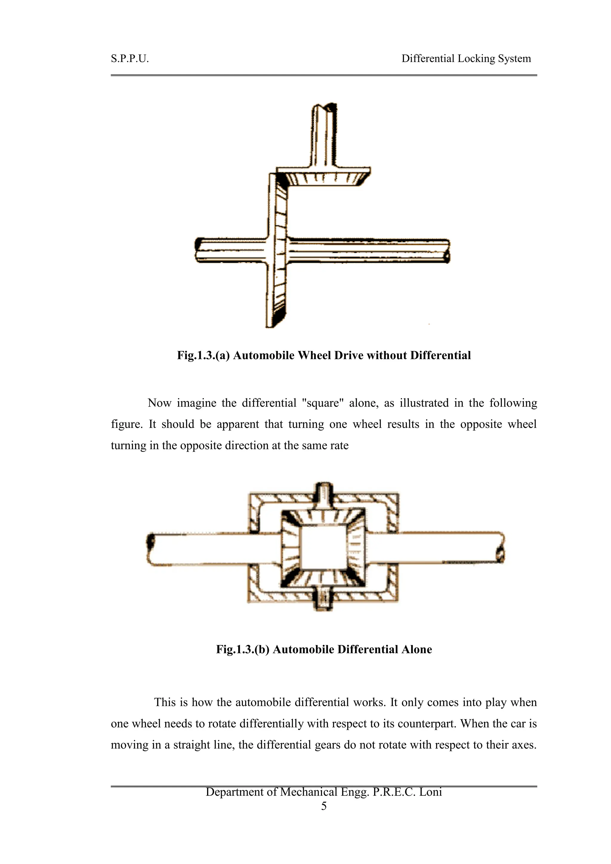 S.P.P.U. Differential Locking System
Department of Mechanical Engg. P.R.E.C. Loni
5
Fig.1.3.(a) Automobile Wheel Drive without Differential
Now imagine the differential "square" alone, as illustrated in the following
figure. It should be apparent that turning one wheel results in the opposite wheel
turning in the opposite direction at the same rate
Fig.1.3.(b) Automobile Differential Alone
This is how the automobile differential works. It only comes into play when
one wheel needs to rotate differentially with respect to its counterpart. When the car is
moving in a straight line, the differential gears do not rotate with respect to their axes.
 