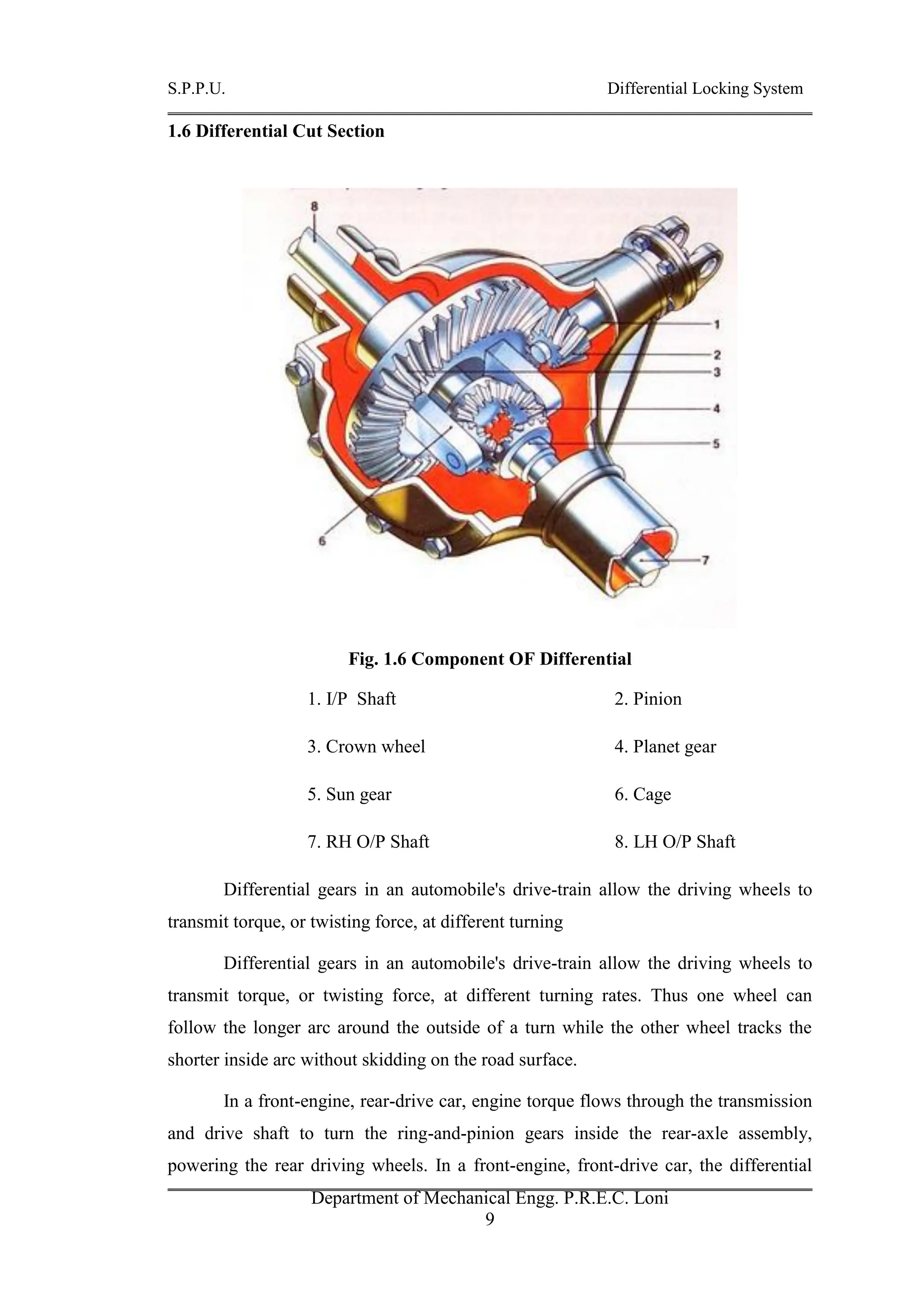 S.P.P.U. Differential Locking System
Department of Mechanical Engg. P.R.E.C. Loni
9
1.6 Differential Cut Section
Fig. 1.6 Component OF Differential
1. I/P Shaft 2. Pinion
3. Crown wheel 4. Planet gear
5. Sun gear 6. Cage
7. RH O/P Shaft 8. LH O/P Shaft
Differential gears in an automobile's drive-train allow the driving wheels to
transmit torque, or twisting force, at different turning
Differential gears in an automobile's drive-train allow the driving wheels to
transmit torque, or twisting force, at different turning rates. Thus one wheel can
follow the longer arc around the outside of a turn while the other wheel tracks the
shorter inside arc without skidding on the road surface.
In a front-engine, rear-drive car, engine torque flows through the transmission
and drive shaft to turn the ring-and-pinion gears inside the rear-axle assembly,
powering the rear driving wheels. In a front-engine, front-drive car, the differential
 