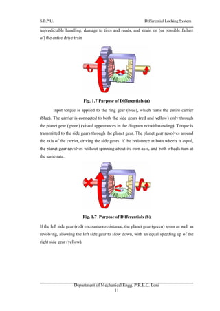 S.P.P.U. Differential Locking System
Department of Mechanical Engg. P.R.E.C. Loni
11
unpredictable handling, damage to tires and roads, and strain on (or possible failure
of) the entire drive train
Fig. 1.7 Purpose of Differentials (a)
Input torque is applied to the ring gear (blue), which turns the entire carrier
(blue). The carrier is connected to both the side gears (red and yellow) only through
the planet gear (green) (visual appearances in the diagram notwithstanding). Torque is
transmitted to the side gears through the planet gear. The planet gear revolves around
the axis of the carrier, driving the side gears. If the resistance at both wheels is equal,
the planet gear revolves without spinning about its own axis, and both wheels turn at
the same rate.
Fig. 1.7 Purpose of Differentials (b)
If the left side gear (red) encounters resistance, the planet gear (green) spins as well as
revolving, allowing the left side gear to slow down, with an equal speeding up of the
right side gear (yellow).
 