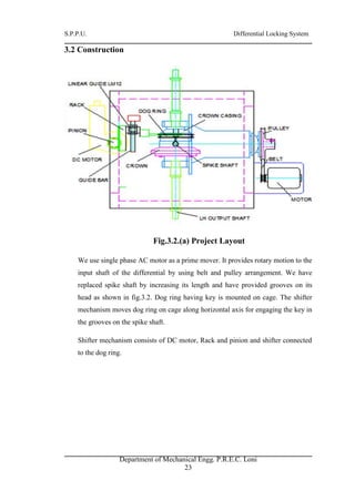 S.P.P.U. Differential Locking System
Department of Mechanical Engg. P.R.E.C. Loni
23
3.2 Construction
Fig.3.2.(a) Project Layout
We use single phase AC motor as a prime mover. It provides rotary motion to the
input shaft of the differential by using belt and pulley arrangement. We have
replaced spike shaft by increasing its length and have provided grooves on its
head as shown in fig.3.2. Dog ring having key is mounted on cage. The shifter
mechanism moves dog ring on cage along horizontal axis for engaging the key in
the grooves on the spike shaft.
Shifter mechanism consists of DC motor, Rack and pinion and shifter connected
to the dog ring.
 