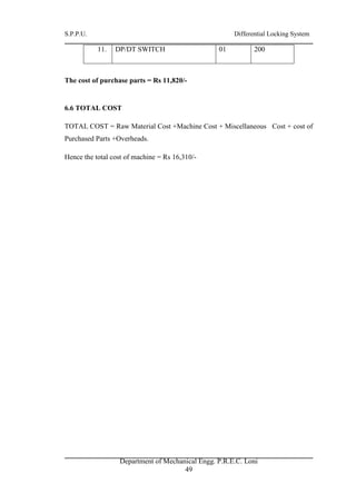 S.P.P.U. Differential Locking System
Department of Mechanical Engg. P.R.E.C. Loni
49
11. DP/DT SWITCH 01 200
The cost of purchase parts = Rs 11,820/-
6.6 TOTAL COST
TOTAL COST = Raw Material Cost +Machine Cost + Miscellaneous Cost + cost of
Purchased Parts +Overheads.
Hence the total cost of machine = Rs 16,310/-
 