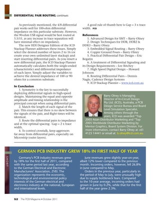 52 ฀ ฀ ฀ ฀ ฀
As previously mentioned, the 4/8 differential
pair works well for 100-ohm differential
impedance on this particular substrate. However,
the 90-ohm USB signal would be best routed at
5.5/11, as any increase in trace separation will
have minimal effect on impedance.
The new HDI Designer Edition of the ICD
Stackup Planner addresses these issues. Simply
select the desired number of layers 2 to 16 (or
create your own unlimited layer stackup) and
start inserting differential pairs. As you insert a
new differential pair, the ICD Stackup Planner
automatically calculates both the single-ended
(characteristic) and differential impedance
of each layer. Simply adjust the variables to
achieve the desired impedance of 100 or 90
ohms for a common substrate.
In Conclusion
1. Symmetry is the key to successfully
deploying differential signals in high-speed
designs. Maintaining the equal and opposite
amplitude and timing relationship is the
principal concept when using differential pairs.
2. Match the length of each signal of the
pair. This ensures that there is no skew between
the signals of the pair, and ﬂight times will be
identical.
3. Route the differential pairs to impedance
and at the optimal spacing: Gap = 2 x trace
width.
4. To control crosstalk, keep aggressors
far away from differential pairs, especially on
Microstrip (outer layers).
A good rule of thumb here is Gap = 3 x trace
width. PCB
References
฀ ฀ ฀ ฀ ฀ ฀ ฀
2. Design Techniques for DDR, DDR2 &
฀ ฀ ฀
฀ ฀ ฀ ฀ ฀ ฀
฀ ฀ ฀ ฀ ฀ ฀
฀ ฀ ฀ ฀ ฀ ฀ ฀
Bogatin
6. A treatment of Differential Signaling and
฀ ฀ ฀ ฀ ฀
฀ ฀ ฀ ฀ ฀ ฀ ฀
Johnson
฀ ฀ ฀ ฀ ฀ ฀
Nagle, Cadence Design Systems
฀ ฀ ฀ ฀ ฀www.icd.com.au
Barry Olney is Managing
Director of In-Circuit Design
Pty Ltd. (ICD), Australia, a PCB
Design Service Bureau and Board
Level Simulation Specialist.
Among others through the
years, ICD was awarded “Top
2005 Asian Distributor Marketing and “Top
2005 Worldwide Distributor Marketing by
Mentor Graphics, Board System Division. For
more information, contact Barry Olney at +61
4123 14441 or email at b.olney@icd.com.au.
Ba
Di
Pt
De
Le
Am
ye
2005 Asian Distr
SHORT
GERMAN PCB INDUSTRY GREW 18% IN FIRST HALF OF YEAR
Germany’s PCB industry revenues grew
by 18% for the ﬁrst half of 2011, compared
with the same period last year, according
to the German Electrical and Electronic
Manufacturers’ Association, ZVEI. The
organization represents the economic,
technological and environmental policy
interests of the German electrical and
electronics industry at the national, European
and international levels.
June revenues grew slightly year-on-year,
albeit 12% lower compared to the previous
month. Incoming orders, however, fell 26.8%
in June compared to May.
Orders in the previous year, particularly in
the period of May to July, were unusually high
due to supply bottleneck fears. Compared
to the 10-year average, incoming orders had
grown in June by 0.2%, while that for the ﬁrst
half of the year grew 2.3%.
DIFFERENTIAL PAIR ROUTING continues
 