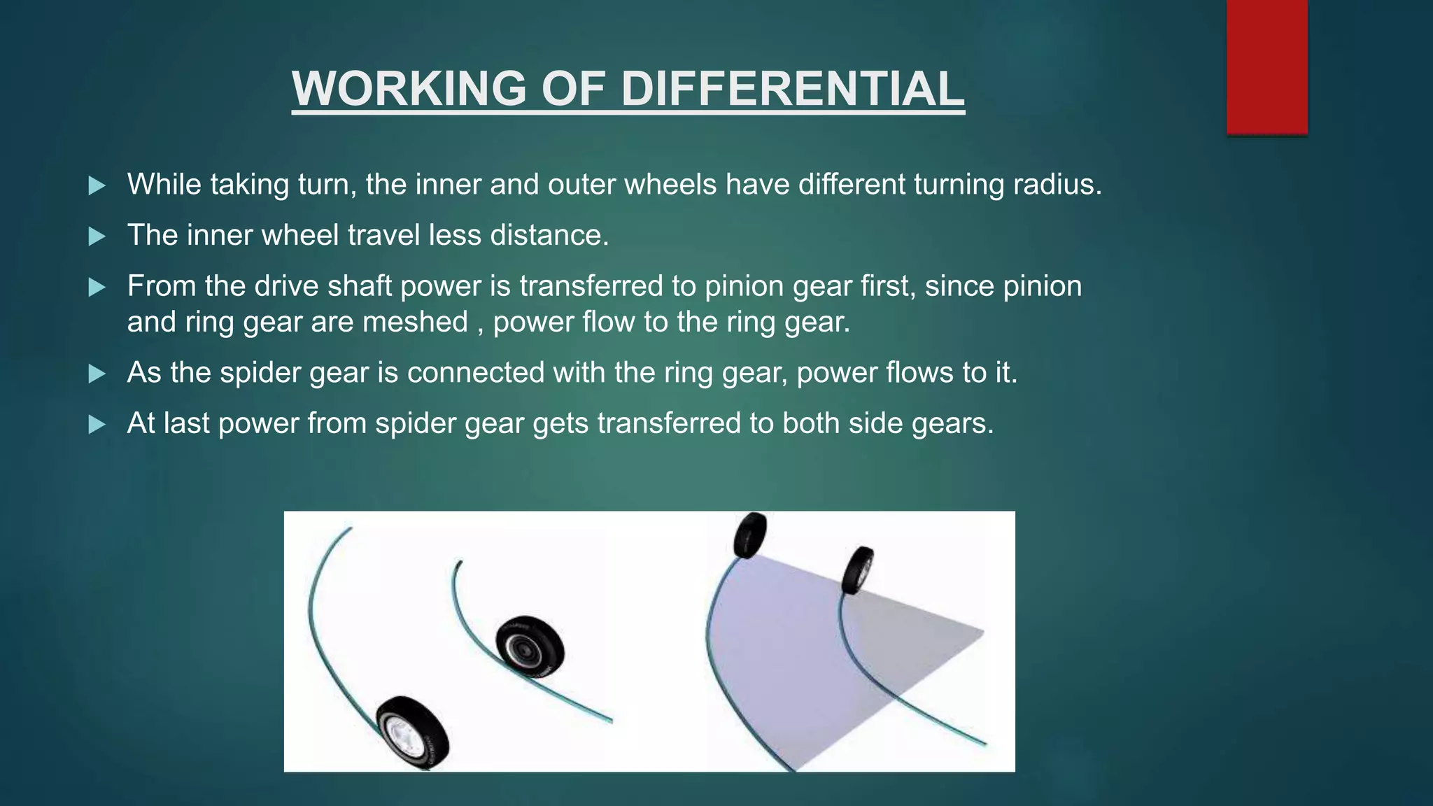 WORKING OF DIFFERENTIAL
 While taking turn, the inner and outer wheels have different turning radius.
 The inner wheel travel less distance.
 From the drive shaft power is transferred to pinion gear first, since pinion
and ring gear are meshed , power flow to the ring gear.
 As the spider gear is connected with the ring gear, power flows to it.
 At last power from spider gear gets transferred to both side gears.
 