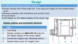 Design
The differential pressure sensors consist of:
Sensor housing with fixing angle bar, 3-pin plug and hinged lid with sealed safety
screw
Pressure chamber with membrane and ceramic lever
Circuit board
LCD display for the digital display of the sensor signal in Pa (for QBM41…D only)
Display, setting, and connection elements
Key
1 3-pin plug
2 Display window (on QBM4100-1D only) for
the digital display of the sensor signal
3 Connection nipples (see "Mounting notes")
4 Sealed safety screw for hinged cover
 