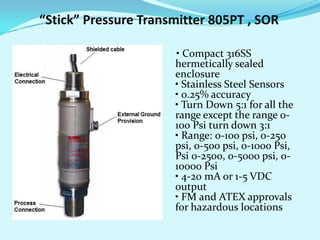“Stick” Pressure Transmitter 805PT , SOR

                      • Compact 316SS
                      hermetically sealed
                      enclosure
                      • Stainless Steel Sensors
                      • 0.25% accuracy
                      • Turn Down 5:1 for all the
                      range except the range 0-
                      100 Psi turn down 3:1
                      • Range: 0-100 psi, 0-250
                      psi, 0-500 psi, 0-1000 Psi,
                      Psi 0-2500, 0-5000 psi, 0-
                      10000 Psi
                      • 4-20 mA or 1-5 VDC
                      output
                      • FM and ATEX approvals
                      for hazardous locations
 
