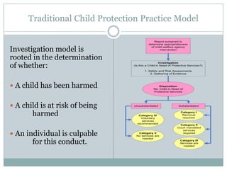 Traditional Child Protection Practice Model
Investigation model is
rooted in the determination
of whether:
 A child has been harmed
 A child is at risk of being
harmed
 An individual is culpable
for this conduct.
Report screened to
determine appropriateness
of child welfare agency
intervention
Investigation
(Is this a Child in Need of Protective Services?)
1. Safety and Risk Assessments
2. Gathering of Evidence
Disposition
Re. Child in Need of
Protective Services
Unsubstantiated Substantiated
Category IV
Voluntary
services
recommended
Category V
No services are
needed
Category I
Removal
required
Category II
Court mandated
services
required
Category III
Services are
needed
 