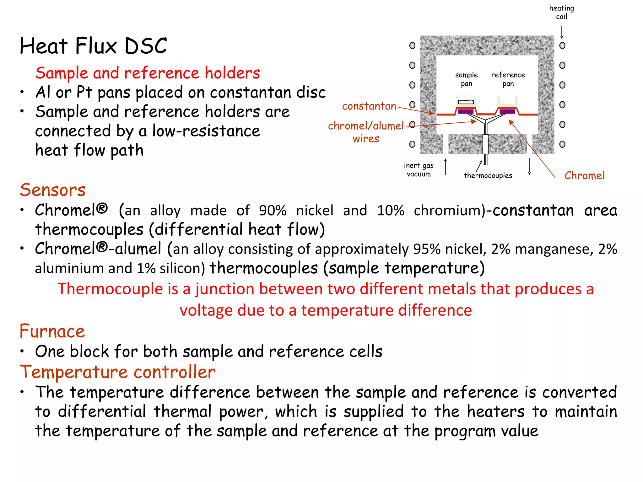 heating
                                                                                          coil



Heat Flux DSC
  Sample and reference holders                                     sample
                                                                     pan
                                                                            reference
                                                                               pan
• Al or Pt pans placed on constantan disc
                                            constantan
• Sample and reference holders are
                                          chromel/alumel
  connected by a low-resistance               wires
  heat flow path
                                                       inert gas
                                                        vacuum       thermocouples          Chromel
Sensors
• Chromel® (an alloy made of 90% nickel and 10% chromium)-constantan area
  thermocouples (differential heat flow)
• Chromel®-alumel (an alloy consisting of approximately 95% nickel, 2% manganese, 2%
  aluminium and 1% silicon) thermocouples (sample temperature)
    Thermocouple is a junction between two different metals that produces a
                   voltage due to a temperature difference
Furnace
• One block for both sample and reference cells
Temperature controller
• The temperature difference between the sample and reference is converted
  to differential thermal power, which is supplied to the heaters to maintain
  the temperature of the sample and reference at the program value
 