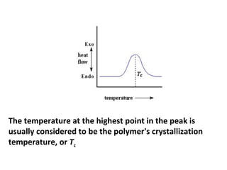 The temperature at the highest point in the peak is
usually considered to be the polymer's crystallization
temperature, or Tc
 