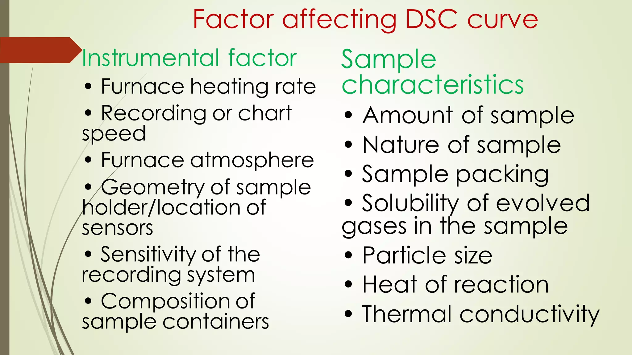 Factor affecting DSC curve
Instrumental factor
• Furnace heating rate
• Recording or chart
speed
• Furnace atmosphere
• Geometry of sample
holder/location of
sensors
• Sensitivity of the
recording system
• Composition of
sample containers
Sample
characteristics
• Amount of sample
• Nature of sample
• Sample packing
• Solubility of evolved
gases in the sample
• Particle size
• Heat of reaction
• Thermal conductivity
 