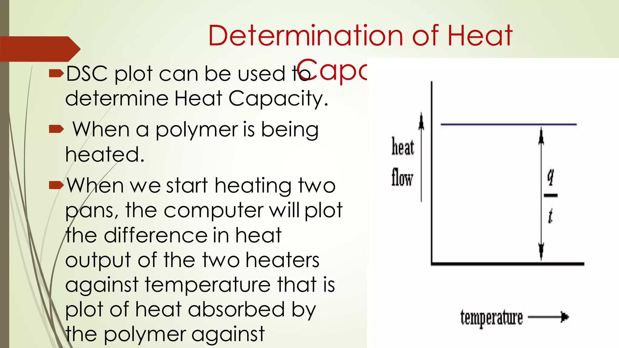 Determination of Heat
Capacity
DSC plot can be used to
determine Heat Capacity.
 When a polymer is being
heated.
When we start heating two
pans, the computer will plot
the difference in heat
output of the two heaters
against temperature that is
plot of heat absorbed by
the polymer against
 