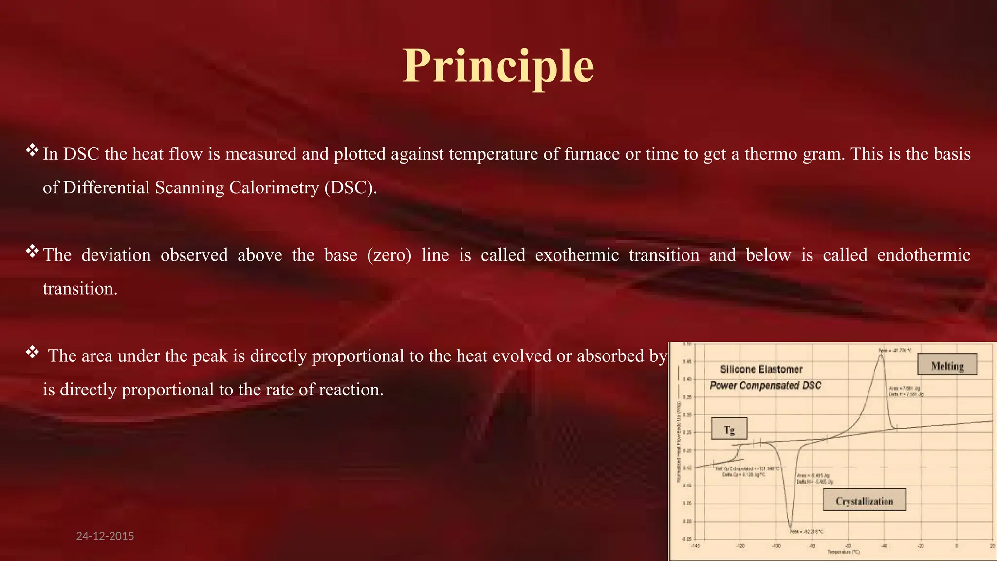 7
Principle
In DSC the heat flow is measured and plotted against temperature of furnace or time to get a thermo gram. This is the basis
of Differential Scanning Calorimetry (DSC).
The deviation observed above the base (zero) line is called exothermic transition and below is called endothermic
transition.
 The area under the peak is directly proportional to the heat evolved or absorbed by the reaction, and the height of the curve
is directly proportional to the rate of reaction.
24-12-2015
 