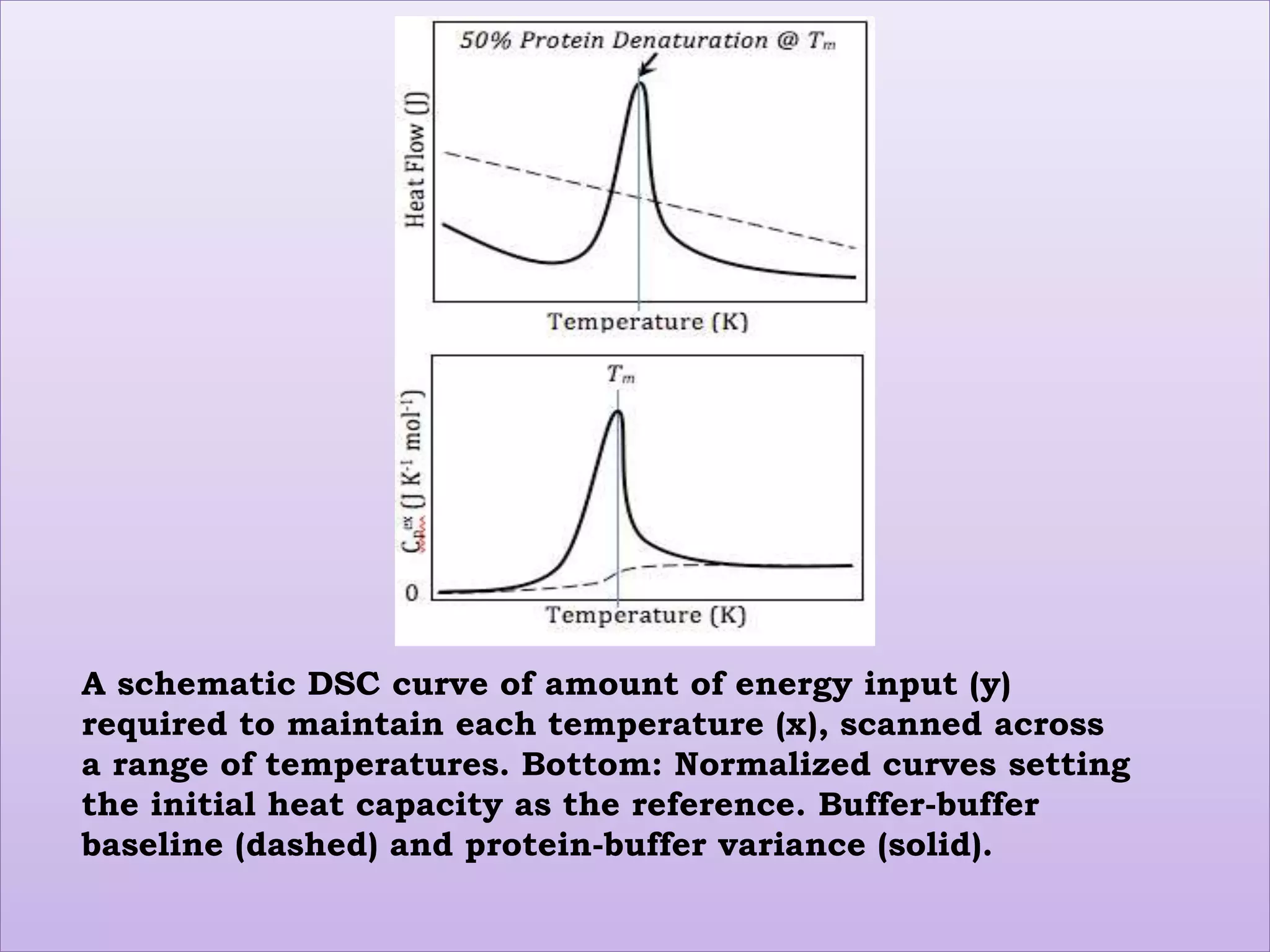 A schematic DSC curve of amount of energy input (y)
required to maintain each temperature (x), scanned across
a range of temperatures. Bottom: Normalized curves setting
the initial heat capacity as the reference. Buffer-buffer
baseline (dashed) and protein-buffer variance (solid).
 