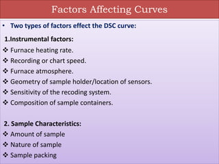 Factors Affecting Curves
• Two types of factors effect the DSC curve:
1.Instrumental factors:
 Furnace heating rate.
 Recording or chart speed.
 Furnace atmosphere.
 Geometry of sample holder/location of sensors.
 Sensitivity of the recoding system.
 Composition of sample containers.
2. Sample Characteristics:
 Amount of sample
 Nature of sample
 Sample packing
 